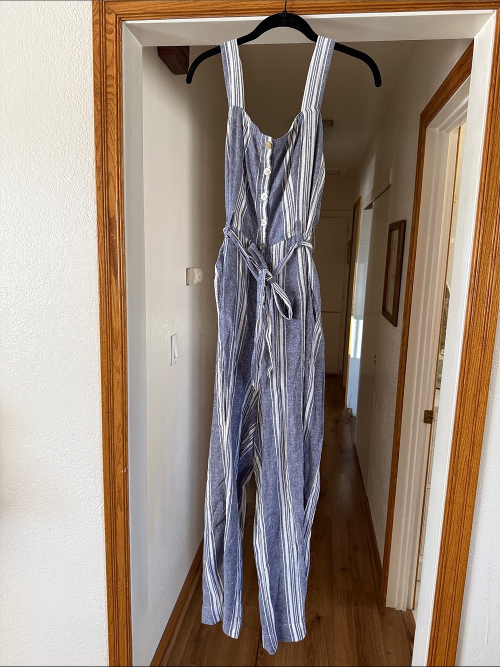 Rails Striped Blue Button-Front Jumpsuit with Tie Waist